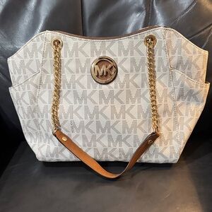 Michael Kors Cream Monogram Tote with Gold Chain Straps